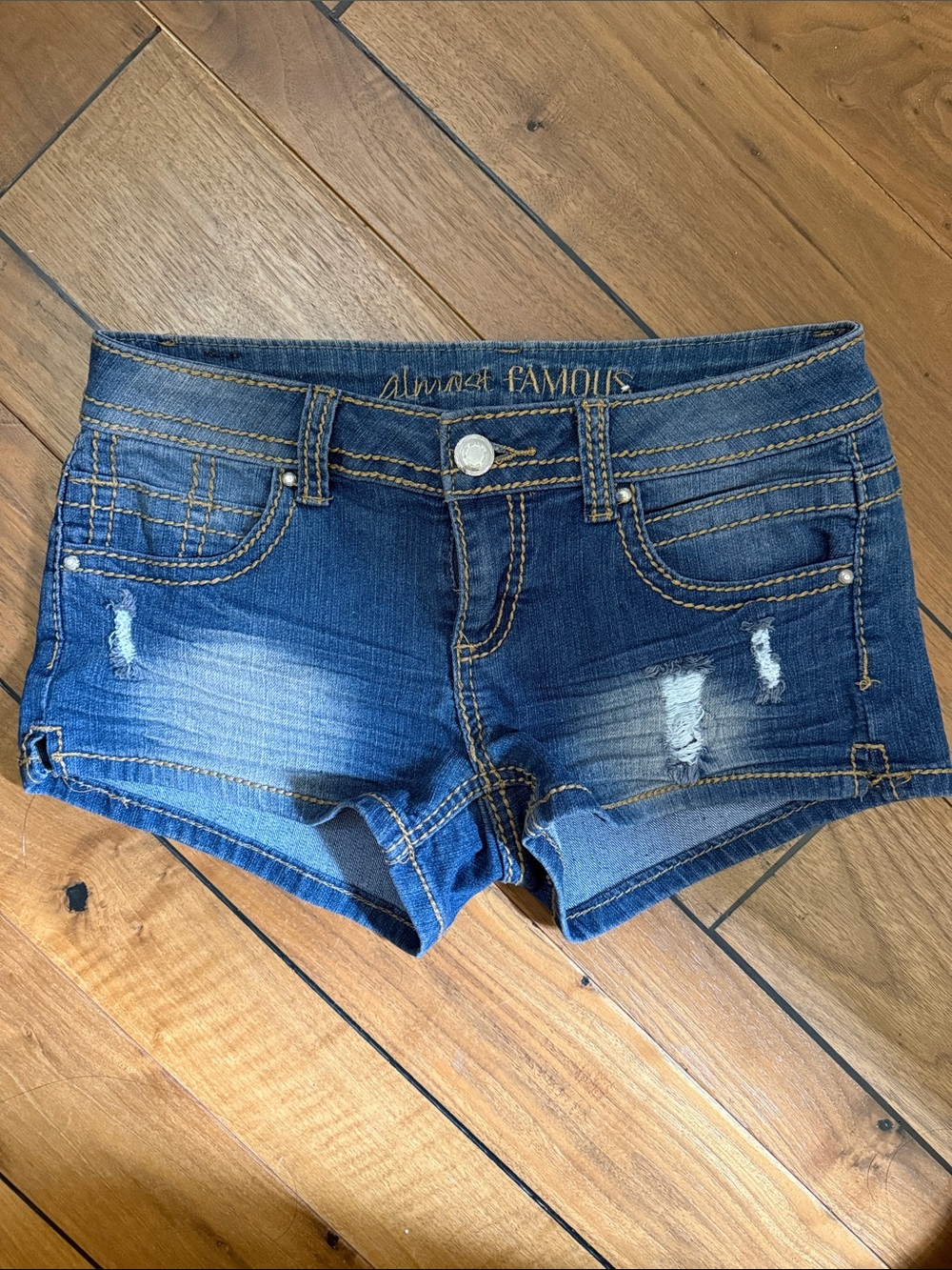 Almost Famous Blue Distressed Denim Short Shorts Sz 7
